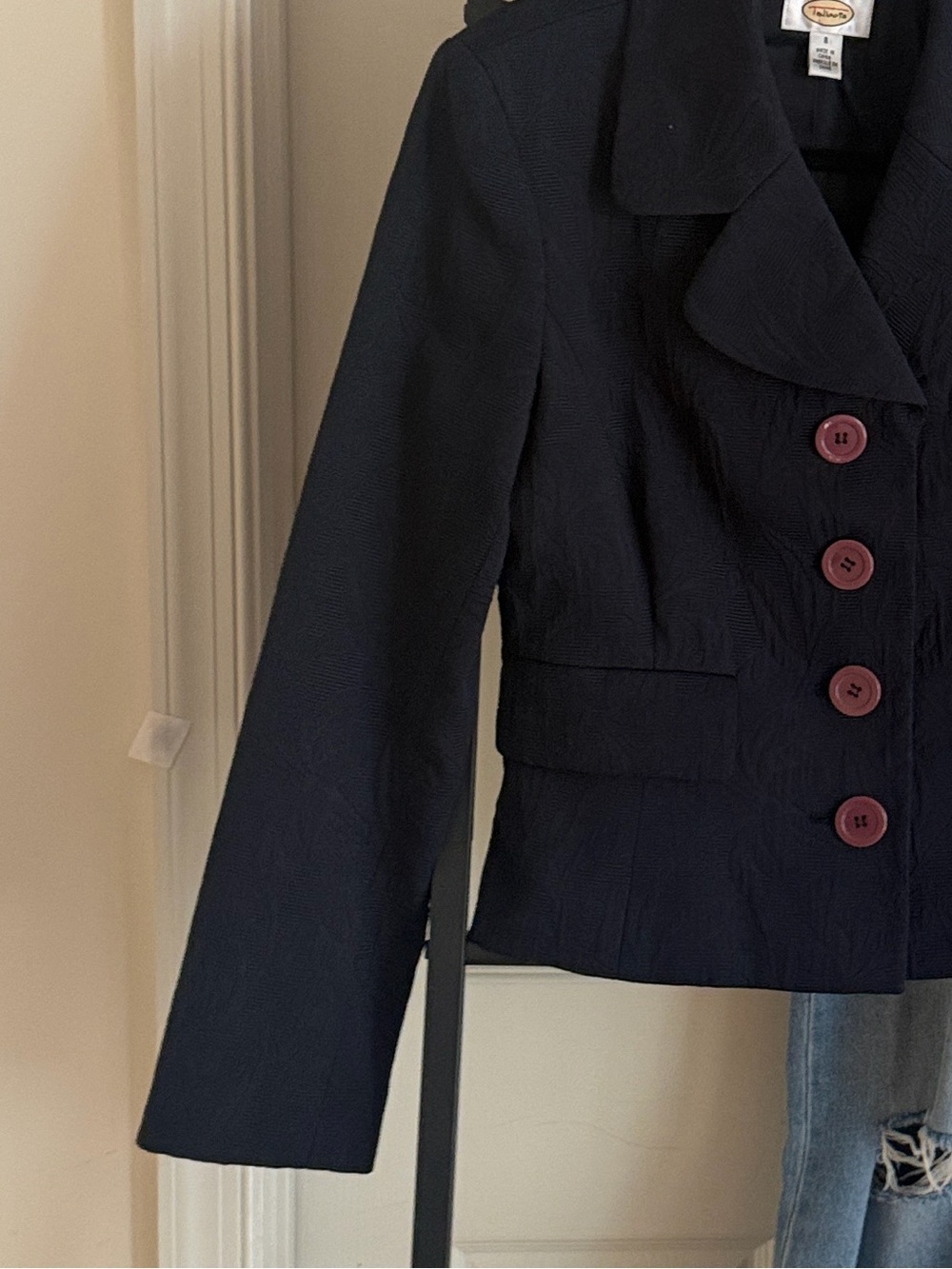 Talbots Navy Blue Cropped Structured Blazer with Burgundy Buttons - Picture 7 of 16